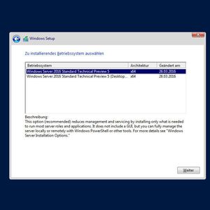Empfehlung für den Server ohne Windows-Oberfläche: Schon bei der Installation des Windows Servers 2016 wird standardmäßig die Version ohne GUI ausgewählt und vorgeschlagen.