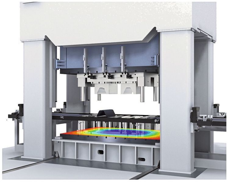 Aus Messdaten interpolierte flächige Verformung eines belasteten Pressentisches. (Bild: Fraunhofer-IWU)