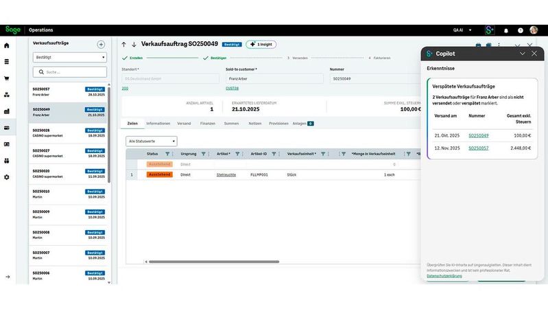 Sage Copilot liefert Hinweise und Warnungen direkt in den Arbeitsabläufen der Anwender.(Bild:  Sage)