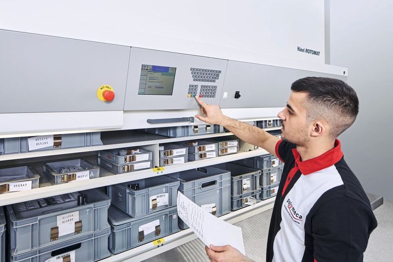 L'opérateur demande les composants en saisissant le numéro d'article sur la commande Hänel MP 12 N. (Source : Werbeagentur Marks - marks GmbH Nordheim)