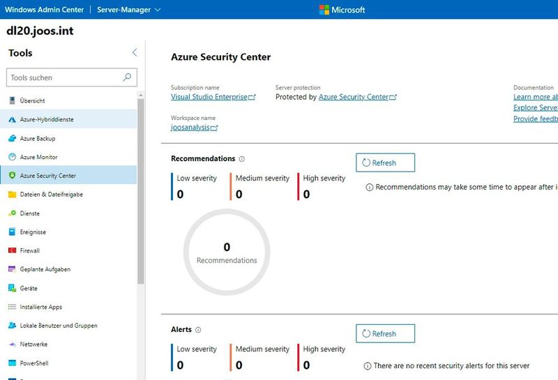 Azure Security Center steht auch im Windows Admin Center zur Verfügung. (Bild: Microsoft / Joos)