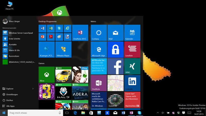 Microsoft bringt bei Windows 10 das Startmenü zurück. Allerdings mit Kacheln und Live-Tiles für Apps. (Bild: IT-BUSINESS)