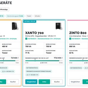 Als Ergebnis zeigt der Rechner passende Geräte als übersichtliche Karten mit Leistungsdaten und den wichtigsten Eigenschaften. Eine konkrete Empfehlung wird ebenfalls gegeben. (Bild:  Online USV-Systeme)