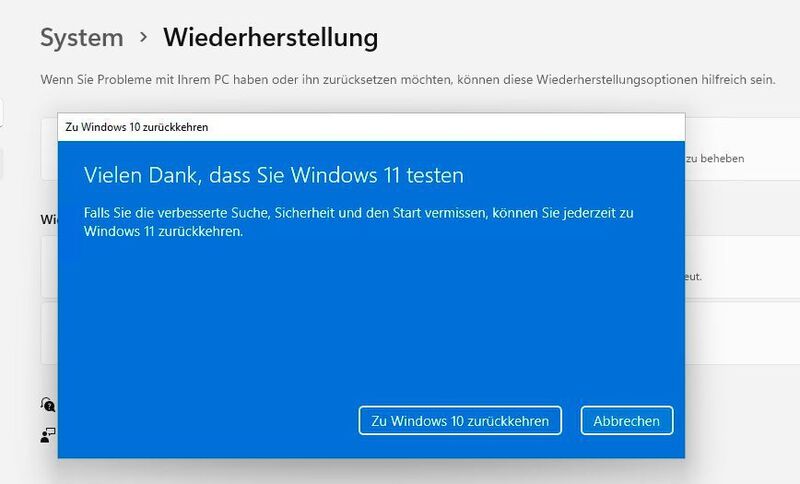 Point of no Return: Ein Klick auf “Zu Windows 10 zurückkehren“ startet die Deinstallation von Windows 11. (Microsoft / Joos)