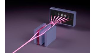 Vorgänge im Röntgen-Interferometer: Der Pfad eines einzelnen Photons (pink) durchquert zwei Spalte gleichzeitig und fächert sich dahinter in ein charakteristisches „Interferenzmuster“ auf. Aus diesem wird die Stärke der Lichtbrechung durch die Eisen-Atome (rot) bestimmt, die sich in einem der beiden Spalte befinden. (Bild: Markus Osterhoff)