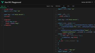 Blick auf eine im Vue-SFC-Playground umgesetzte Hello-World-App, rechts ein Teil des tatsächlich über das Framework generierten Codes. (Bild: sfc.vuejs.org)