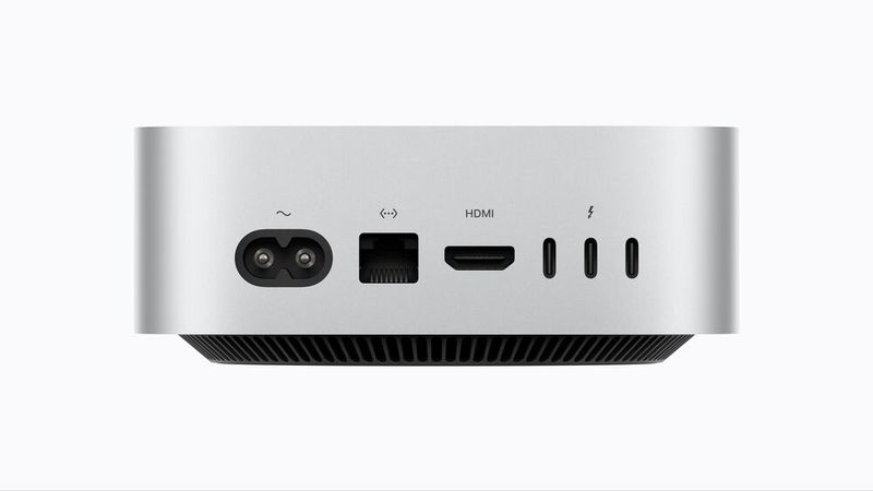 Auf der Rückseite des Mac mini befinden sich drei Thunderbolt-4-Anschlüsse (Mac mini M6) und drei Thunderbolt-5-Anschlüsse (Mac mini  M5 Pro) sowie je ein HDMI- und Ethernet-Port. (Bild: Apple)