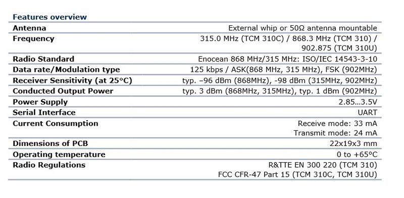Enocean Pi: Technische Daten (Bild: Farnell)