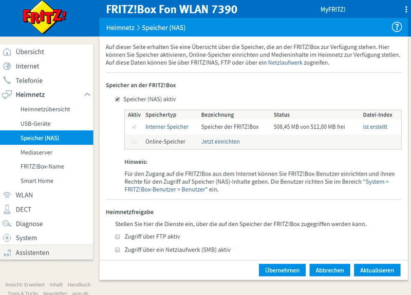 Um eine Fritz!Box als Mediaserver zu nutzen, muss die Speicherfunktion in der Weboberfläche aktiviert werden. (Joos / AVM)