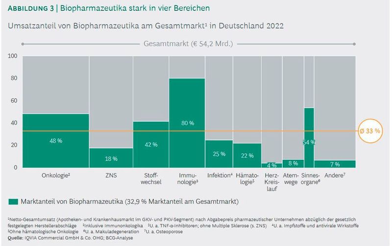 Die dreiumsatzsärksten Therapiebereiche sind Stoffwechselerkrankungen, Immuntherapien und Onkologie. (Bild: BCG Studie: Medizinische Biotechnologie in Deutschland 2023 )
