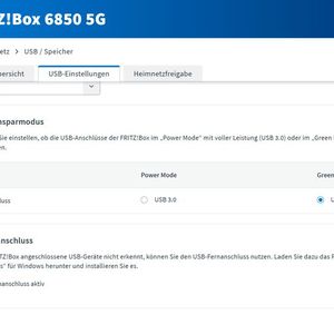 Die USB-Einstellungen der Fritzbox verdeutlichen den Einfluss von „Power Mode“ und „Green Mode“ auf Leistung und Energieverbrauch des angeschlossenen Speichers.(Bild:  Joos – FRITZ!)
