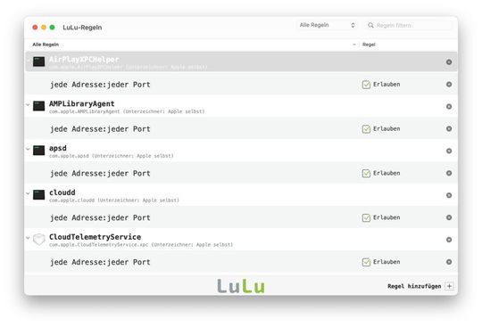 Die Open-Source-Firewall LuLu ist deutlich flexibler als die eingebaute IPFW von MacOS.(Bild:  LuLu)