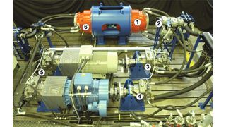 Hydrostatisches Windkraftgetriebe auf dem Prüfstand: 1-Radialkolbenpumpe,2-Ventilblock, 3+4-Hydromotoren, 5-Axialkolbenpumpen, 6-Radialkolbenmotor.  (Bild: IFAS)