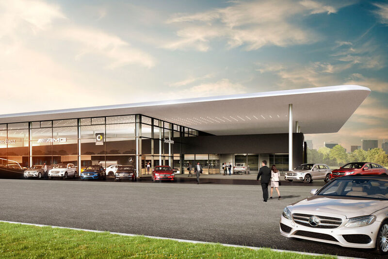 So soll der Neubau von Auto-Scholz in Bamberg einmal aussehen. Gestaltet nach den Vorgaben der Markenarchitektur MAR 2020 der Daimler AG. (Auto-Scholz / Daimler AG)