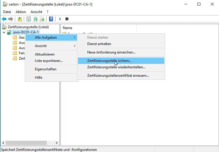 Sichern der Active-Directory-Zertifikatsdienste in der grafischen Oberfläche. (Bild: Microsoft / Joos)