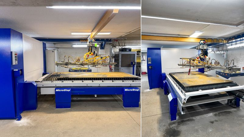 Die Faserlaserschneidanlage ist serienmäßig mit einem automatischen, motorisch angetriebenen Wechseltisch mit sektionaler Absaugung ausgestattet – für ein effizientes Materialhandling, das bei Plansky um den hauseigenen Kran ergänzt wird.(Bild:  Microstep)