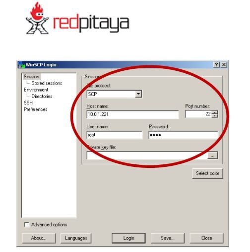 Red Pitaya: WinSCP login (Bild: Red Pitaya)