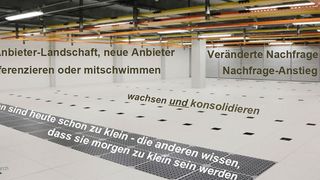 Es hat schon etwas von "Friss oder stirb", was Berater Gerd Simon, den Betreibern von Co-Location-Rechenzentren in Deutschland asl Überlebensstrategie aufzeigt: Wachsen auf Teufel komm ´raus oder mit Services diversifizieren - am besten: beides.   (Crisp Research)
