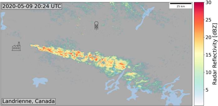 The weather radar image shows a plume of snow downwind of the Rouyn-Noranda copper smelter in Canada. The weather radar is located near Landrienne, Canada. (Source: V. Toll, et al)