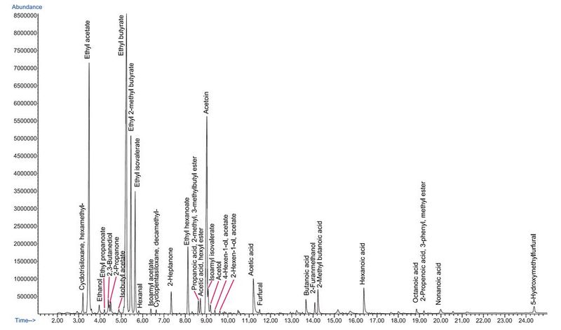 Abb. 7: Gesamtionenchromatogramm nach TF-SPME (16 St., 25 °C) von Erdbeerfrischkäse. (Bild: Gerstel)