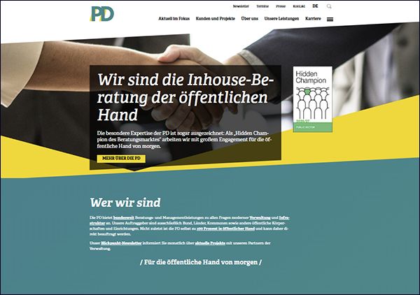 Die PD bietet bundesweit Beratungs- und Managementleistungen zu allen Fragen moderner Verwaltung und Infrastruktur an. Unsere Auftraggeber sind ausschließlich Bund, Länder, Kommunen sowie andere öffentliche Körperschaften und Einrichtungen. Nicht zuletzt ist die PD selbst zu 100 Prozent in öffentlicher Hand und kann daher direkt beauftragt werden. (Bild: PD Berater der öffentlichen Hand)