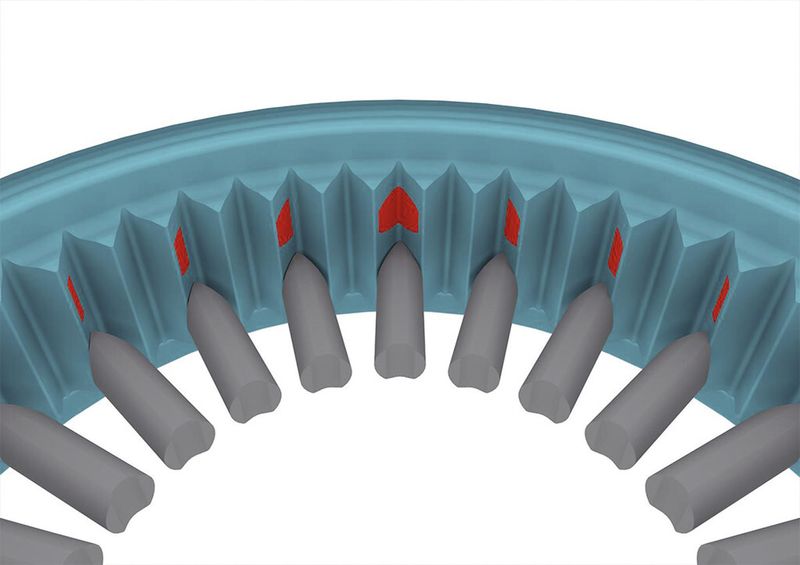 Abkehr vom Zahnrad: Die neue Getriebekinematik von Wittenstein weist etwa 6,5 mal mehr tragende Zahnfläche auf als vergleichbare, schrägverzahnte Planetengetriebe. Hieraus resultieren zu einem erheblichen Maße u. a. die bis zu 170%-ige Leistungssteigerung bei der Drehmomentwandlung. (Bild: Wittenstein)