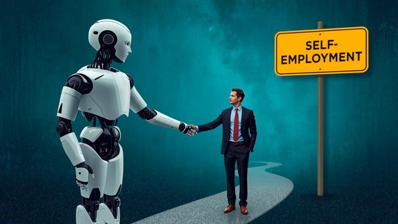 Laut dem Work Change Report von LinkedIn fühlen sich kleinere und mittlere Unternehmen dank KI bei der Selbstständigkeit „an die Hand genommen“. Rund 53 Prozent der Geschäftsführer kleiner Unternehmen glauben, dass Gründen und Unternehmensführung heute einfacher ist.(Bild:  Canva / KI-generiert)