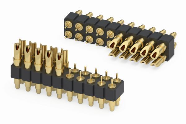 Bild 4: Federkontakte unterschiedlicher Höhen und Hublängen lassen sich für Signal- und Datenübertragung in einem Gehäuse kombinieren.  (Mill-Max)