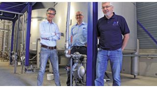 It was 20 years ago that Gerrit Klaassen, left, Commercial Director of Holland Air Pumps, recommended Wilden Air–Operated Double–Diaphragm (AODD) Pumps to Henk Blom, right, Saba Dinxperlo’s Manager Technical Service, for the company’s sealant–manufacturing operation. Since then, neither Blom nor Tonny Zaarbelink, center, Technical Manager Foam Bonding at Saba, have had any reason to regret the decision to choose Wilden. (Picture: Wilden)