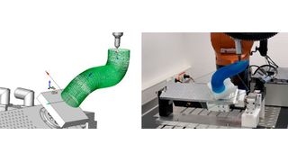 Links wird die Programmierung der Kontur mittels Slicer Software gezeigt, während rechts der Roboter das Teil in 8 Achsen druckt. Hierbei kommen alle 6 Roboterachsen sowie 2 Drehachsen zum Einsatz.  (Datentechnik Reitz GmbH & Co. KG)