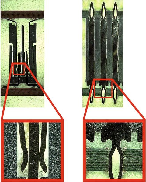 Bild 3:  Gegenüberstellung der Schliffbilder eines zweiteiligen Steckverbinders und des einteiligen Leiterplattensteckver- binders flexilinkb-t-b.  (Bild: ept)