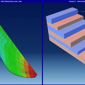 Auswertung aller Matten und Lagen – unterschiedlich gewobene Fasermatten und Lagendicken werden im Hinblick auf die zu erzielenden Bauteileigenschaften ausgewertet (a). Die genauen Faserwinkel und Lagendicken können dabei direkt aus der Konstruktions- in die Analyseumgebung übertragen werden (b) 