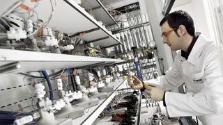 Chemical lab technician Christian Saffert tests the discharge capacity of various lithium ion test batteries using a multi-channel test system (Picture: BASF)