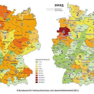 Vergleich der regionalen Antibiotika-Abgabemengen 2011 und 2025 (Bild: Bundesamt für Verbraucherschutz und Lebensmittelsicherheit (BVL))