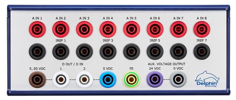 Anschlussvariante: 8 AI-RTD mit acht universellen Analogeingängen für den Anschluss beliebiger Spannungs-, Strom- und RTD-Signale in 2-, 3- und 4-Leitertechnik über 4mm Laborbuchsen. (Delphin Technology)
