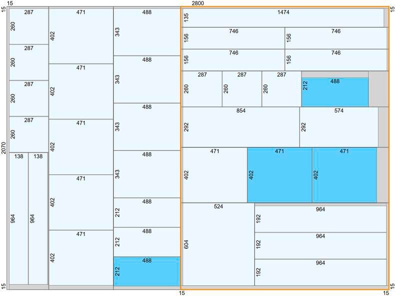 AutoPanelSizer nutzt in diesem Schnittplan optionale Teile (dunkelblau) und drei Schnittebenen plus Kopfschnitt (Hauptplan orange). (Bild: Fraunhofer SCAI)