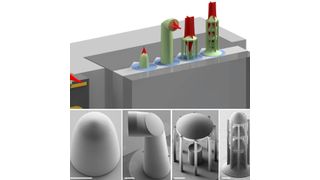 Mikrolinsen und Mikrospiegel lassen sich mit 3D-Nanodruck auf optischen Fasern und Mikrochips herstellen. Dies vereinfacht den Aufbau photonischer Systeme drastisch. (Philipp-Immanuel Dietrich / Florian Rupp / Paul Abaffy, KIT)