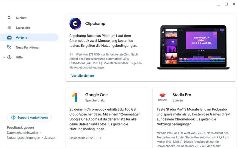 Chrome-OS-Nutzer bekommen bei einigen kostenpflichtigen Webanwendungen Einstiegsrabatte oder Gratis-Testphasen angeboten. Auch Googles Cloud-Gaming-Dienst Stadia gehört dazu. (Vogel IT-Medien)
