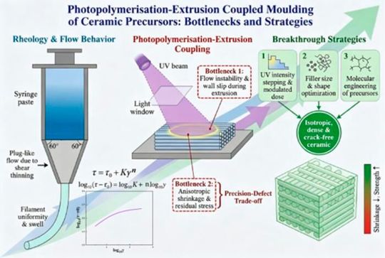 Schematic of photopolymerisation-extrusion coupled moulding: rheology, UV curing, precision-defect trade-off. 3 strategies (UV stepping, filler optimization, molecular engineering) yield isotropic, dense, crack‑free ceramics with strong, low-shrinkage.(Source:  Linzhe Zhang/Yanshan University, et. al)