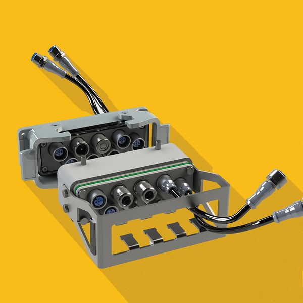 In diesem Industriestecker können dank der Adaptiveinsätze mit Absperrfunktion auch Flüssigkeiten und Elektrik ohne Kurzschlussgefahr kombiniert werden. (Bild: Eisele)