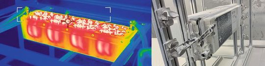 Wärmebild einer Kurzschlussprüfung (li.) und Staubprüfung DO-160 (re.) des H55-Batteriemoduls.(Bild:  H55)