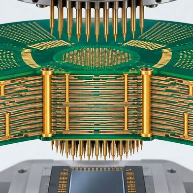 Schematische Darstellung einer hochlagigen ATE-Testleiterplatte: Sie verbindet das Testsystem mit dem Prüfling und führt zahlreiche Signal-, Versorgungs- und Masseverbindungen auf engem Raum zusammen. (Bild: Dall-E / KI-generiert)