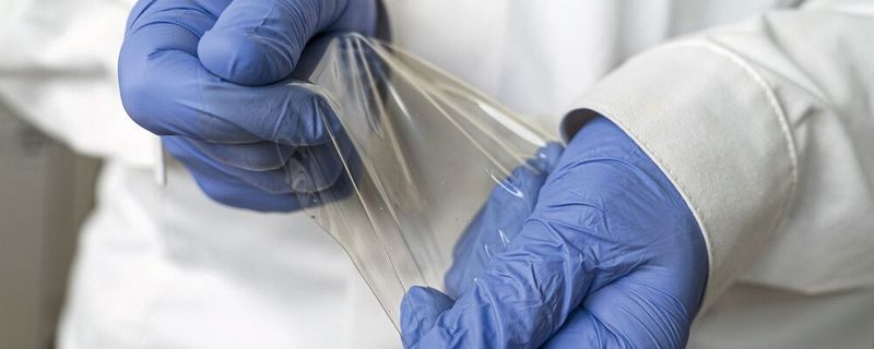 Chitosan-Folien eignen sich aufgrund ihrer ausgewogenen Elastizität und Transparenz gut für Verpackungsanwendungen.(Bild:  Fraunhofer IGB)