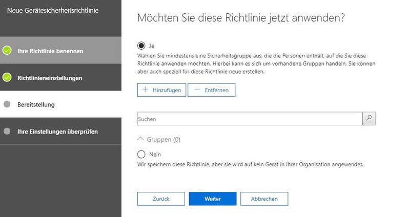 Die Bereitstellung erfolgt über Sicherheitsgruppen, die im Office-365-Portal angelegt werden müssen. (Joos / Microsoft)