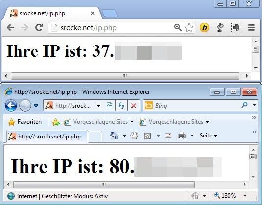 Ein Rechner, zwei WAN-IPs: Während Chrome (oben) per Satellit auf das Internet zugreift, nutzt der Explorer (unten) eine Verbinung per Mobilfunk. (Abb. 3) (Bild: Eigener Screenshot)