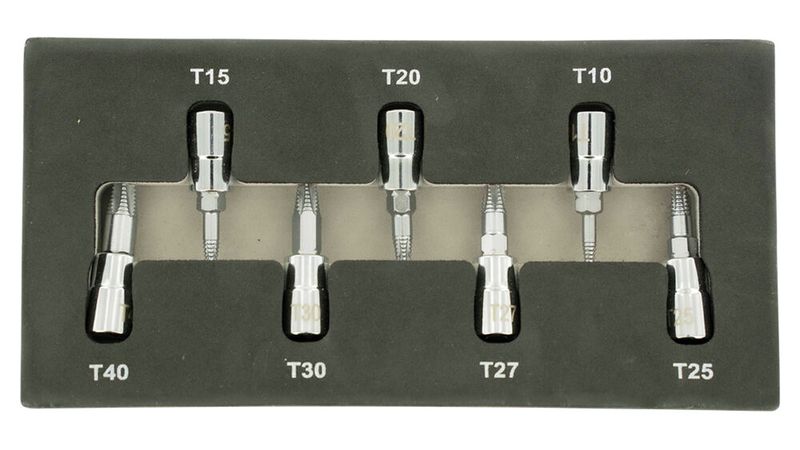 Nach der gleichen Logik funtioniert das siebenteilige Set für Torx-Köpfe für die Größen T10 bis T40. Es kostet ebenfalls 39,95 Euro netto. (Bild: Mawek)