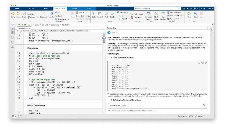 „Explain Code“ in Matlab Copilot analysiert ausgewählten Matlab Programmcode und liefert eine detaillierte Beschreibung seiner Funktionalität.(Bild:  MathWorks)