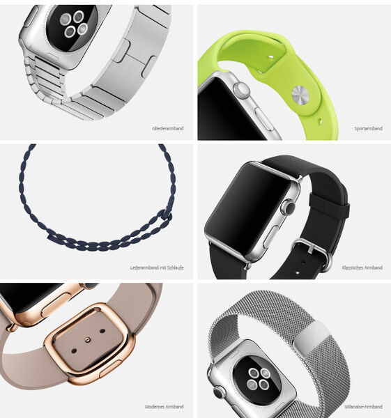 Für die Apple Watch gibt es verschiedene Armbänder aus unterschiedlichen Materialien mit mehreren Verschlussvarianten. (Screenshot/www.apple.com/de)