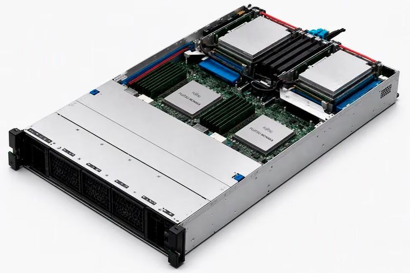 Ein Monaka-Server in der 1HE-Variante mit zwei Prozessoren: Luftgekühlt arbeiten sie mit 2,1 GHz, flüssigkeitsgekühlt sind 2,9 GHz möglich. (Bild: Fsas Technologies)