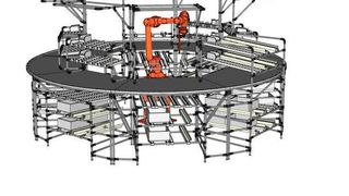 Ein in der Mitte der O-Zelle stehender Industrieroboter versorgt die Werker an ihren um die Zelle herum angeordneten Arbeitsplätzen. (Bild: NeoLog)